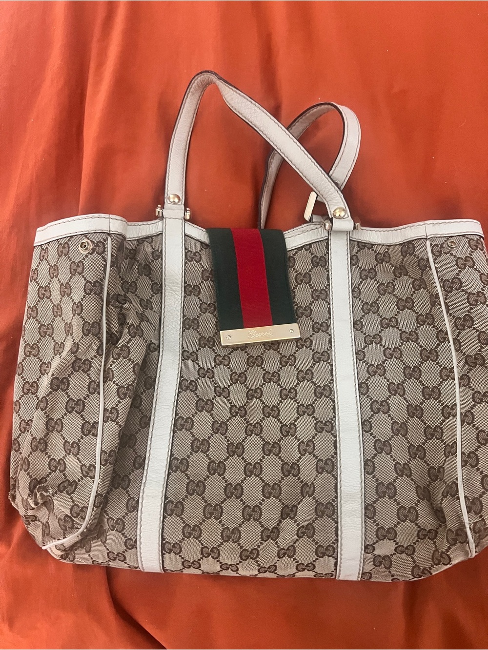 Gucci Beige GG Canvas Tote with White Trim and Green-Red Web